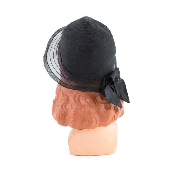 Vintage 1920s Cloche 20s Velvet Floral Black Woven Summer Evening Hat with Bow - Picture 5 of 10